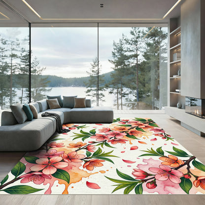 Watercolor Peach Blossom Floral Branch Rug