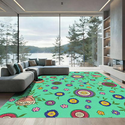 Whimsical Birds Floral Medallion Aqua Rug