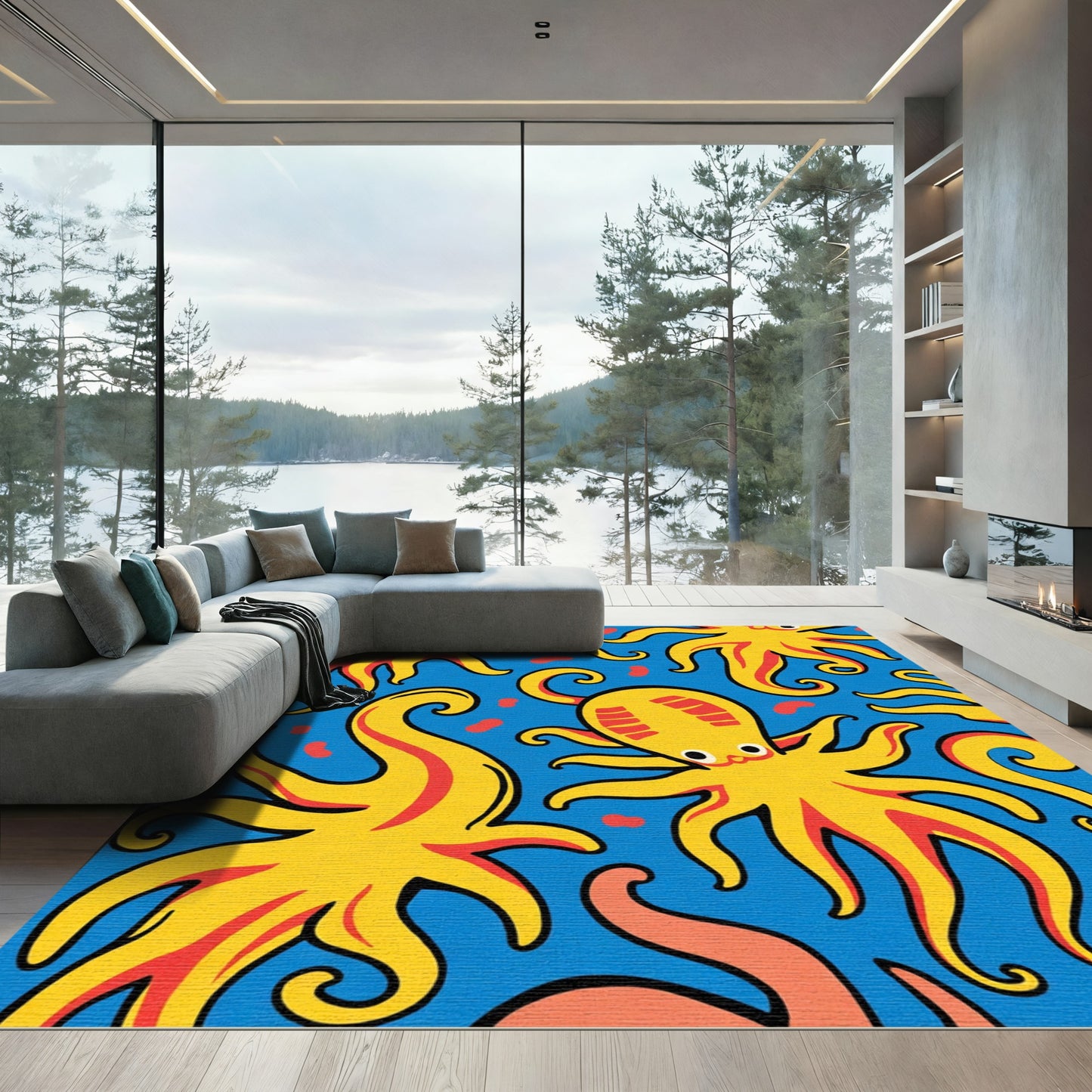 Bright Yellow Octopus Blue Ocean Rug