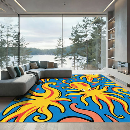 Bright Yellow Octopus Blue Ocean Rug