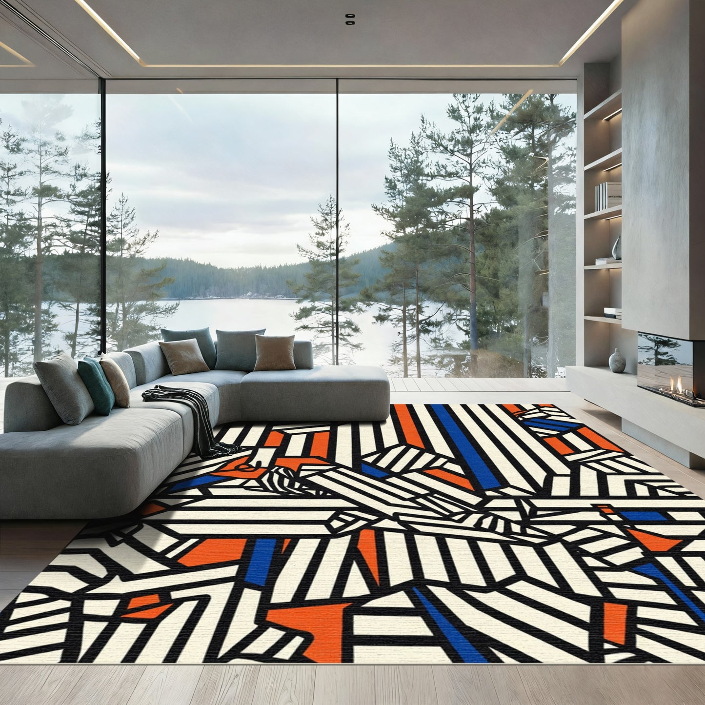 Bold Geometric Stripes with Orange Accents Rug