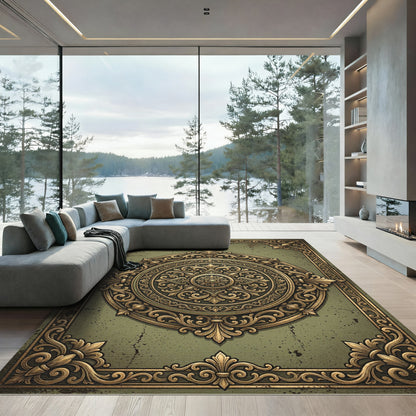Ornate Olive Gold Filigree Medallion Rug