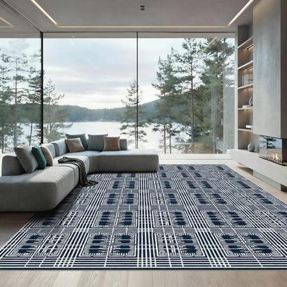 Classic Dark Blue Geometric Grid Rug