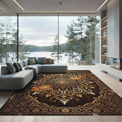 Ornate Gold Filigree Floral Medallion Rug