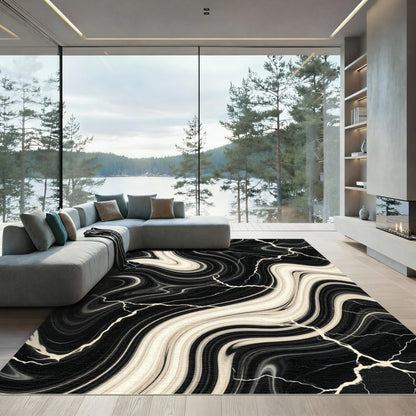 Black and Cream Liquid Marble Swirl Rug