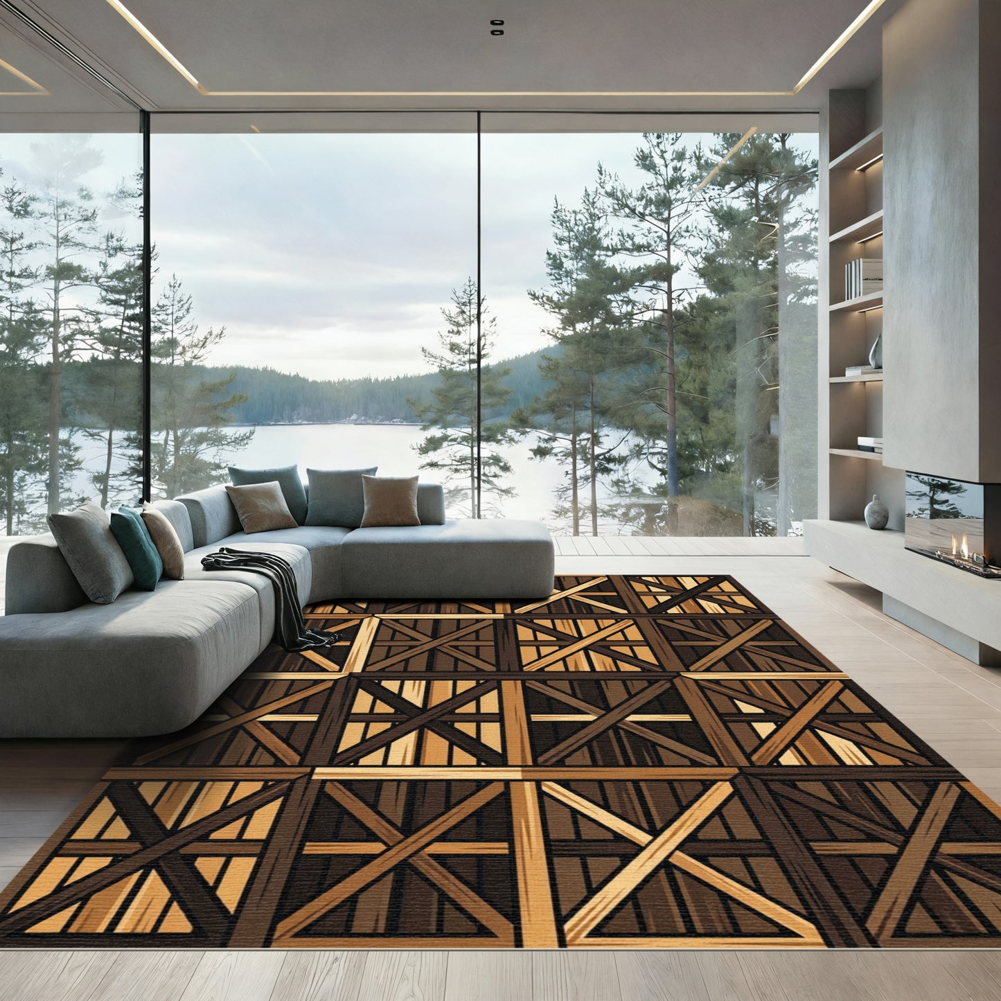 Rustic Dark Brown Wood Lattice Rug