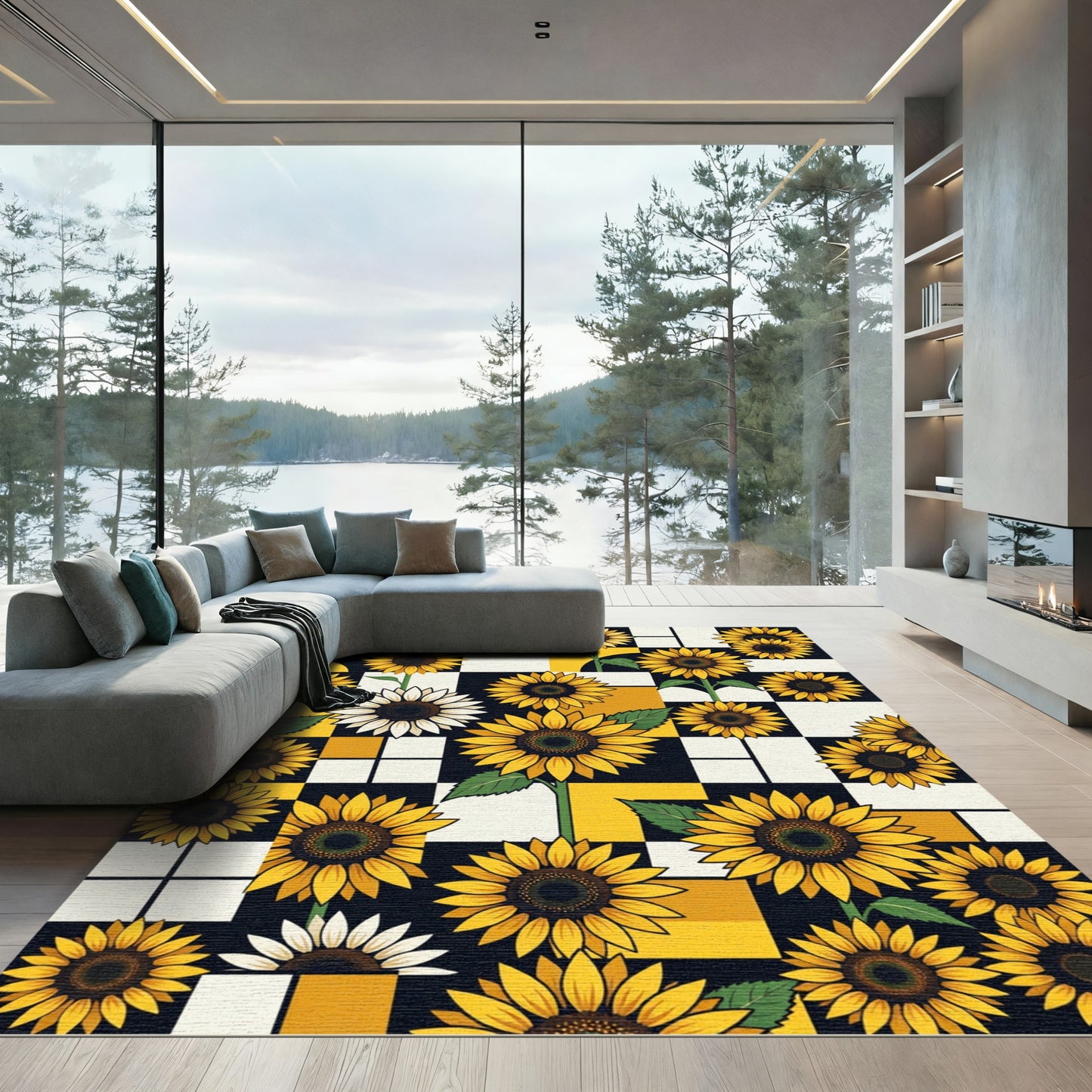 Bold Yellow Sunflower Grid Composition Rug