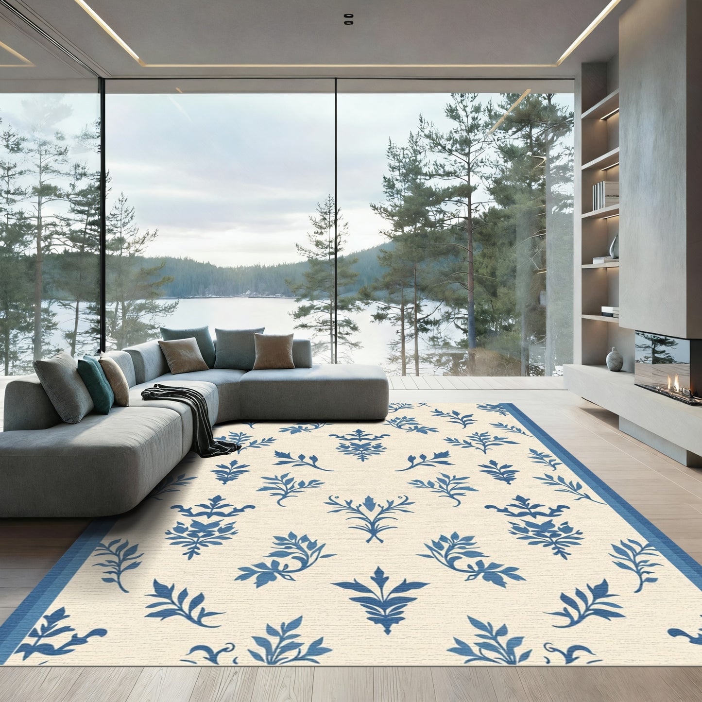 Blue Leafy Damask Scroll Cream Rug