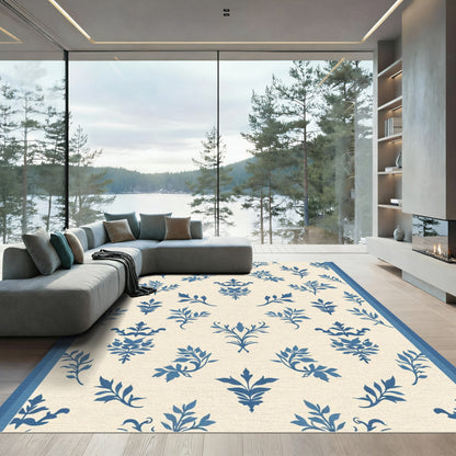 Blue Leafy Damask Scroll Cream Rug