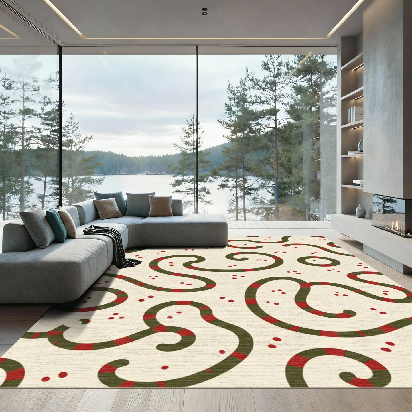 Cream Red Green Swirl Dots Rug