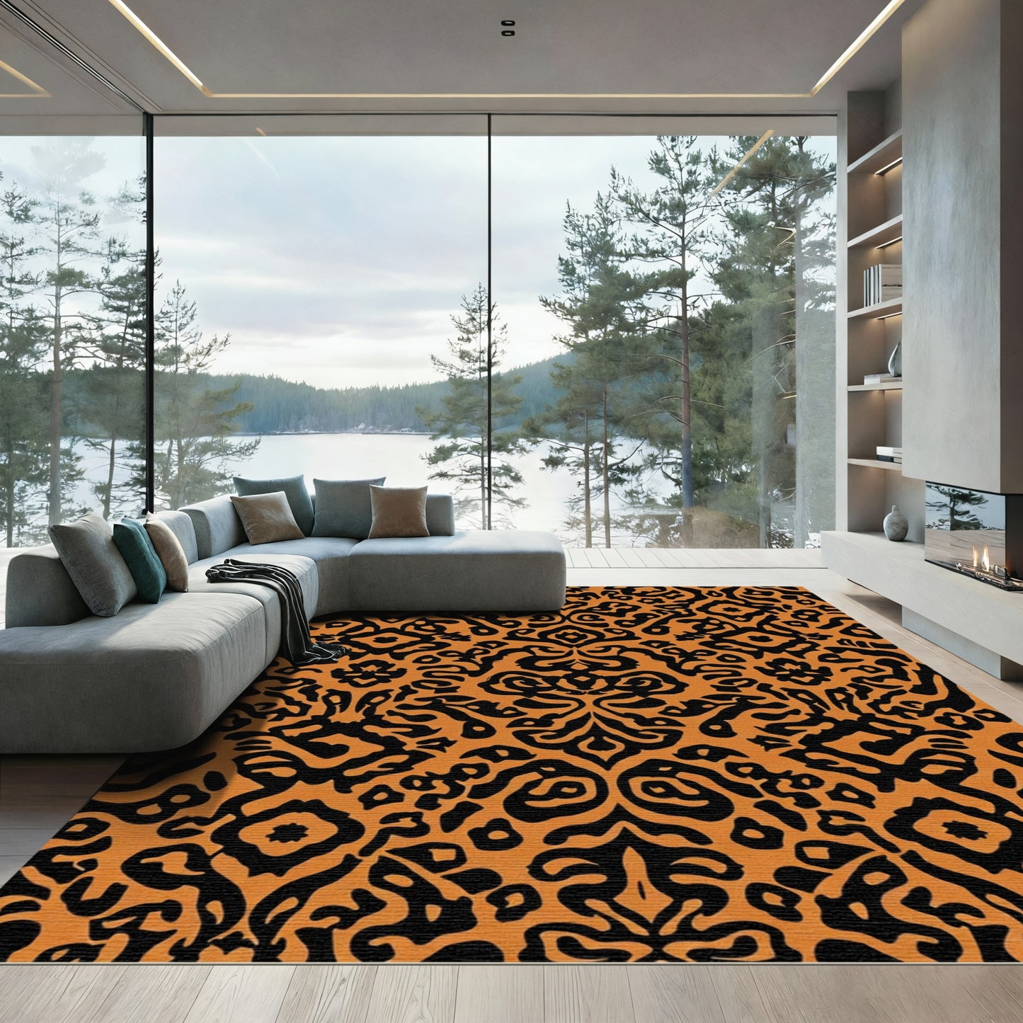 Ornate Black Orange Damask Rug