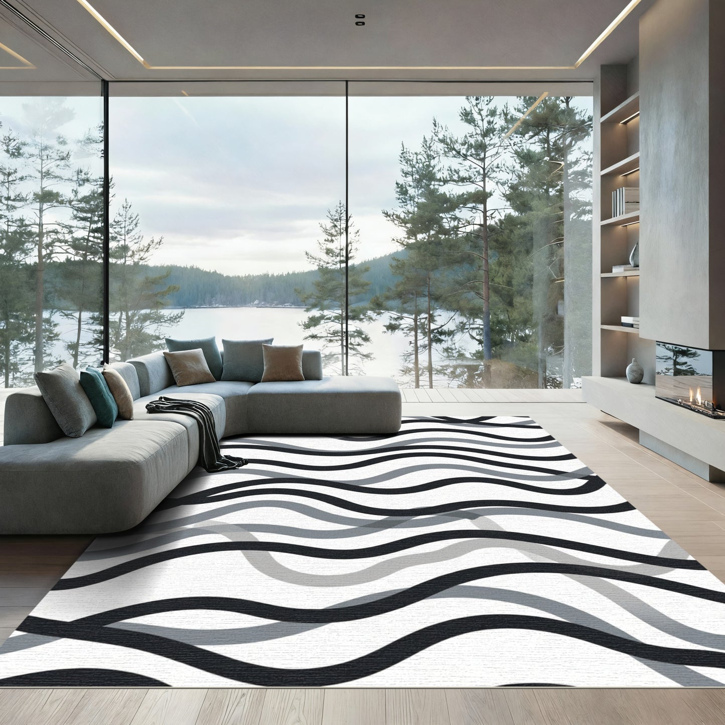 Modern Black Gray Wave Lines Rug