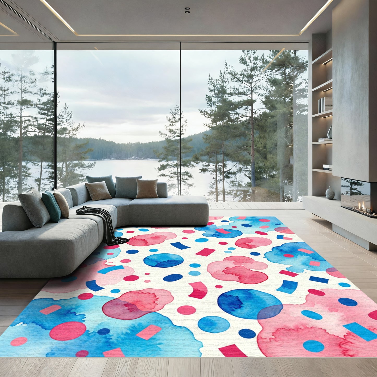 Playful Watercolor Blue and Pink Confetti Rug