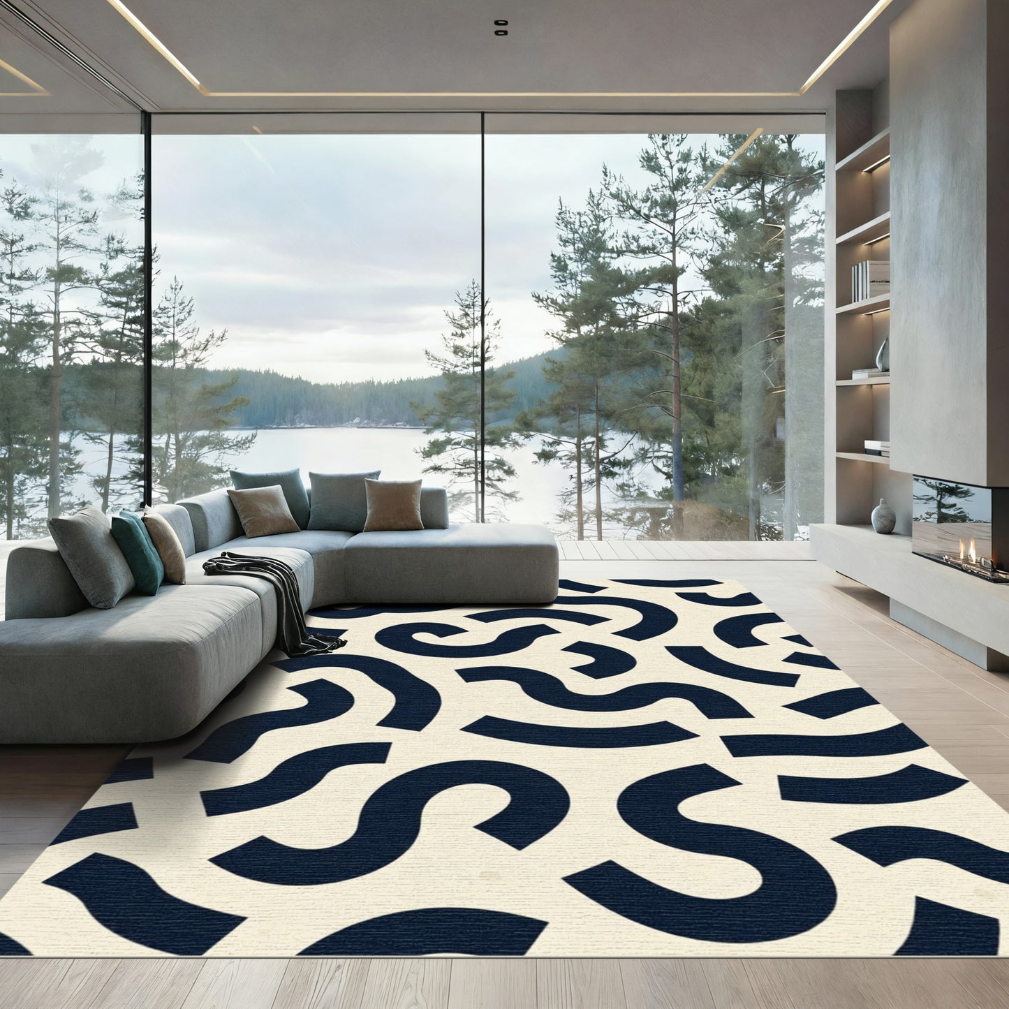 Cream Navy Abstract Swirls Rug