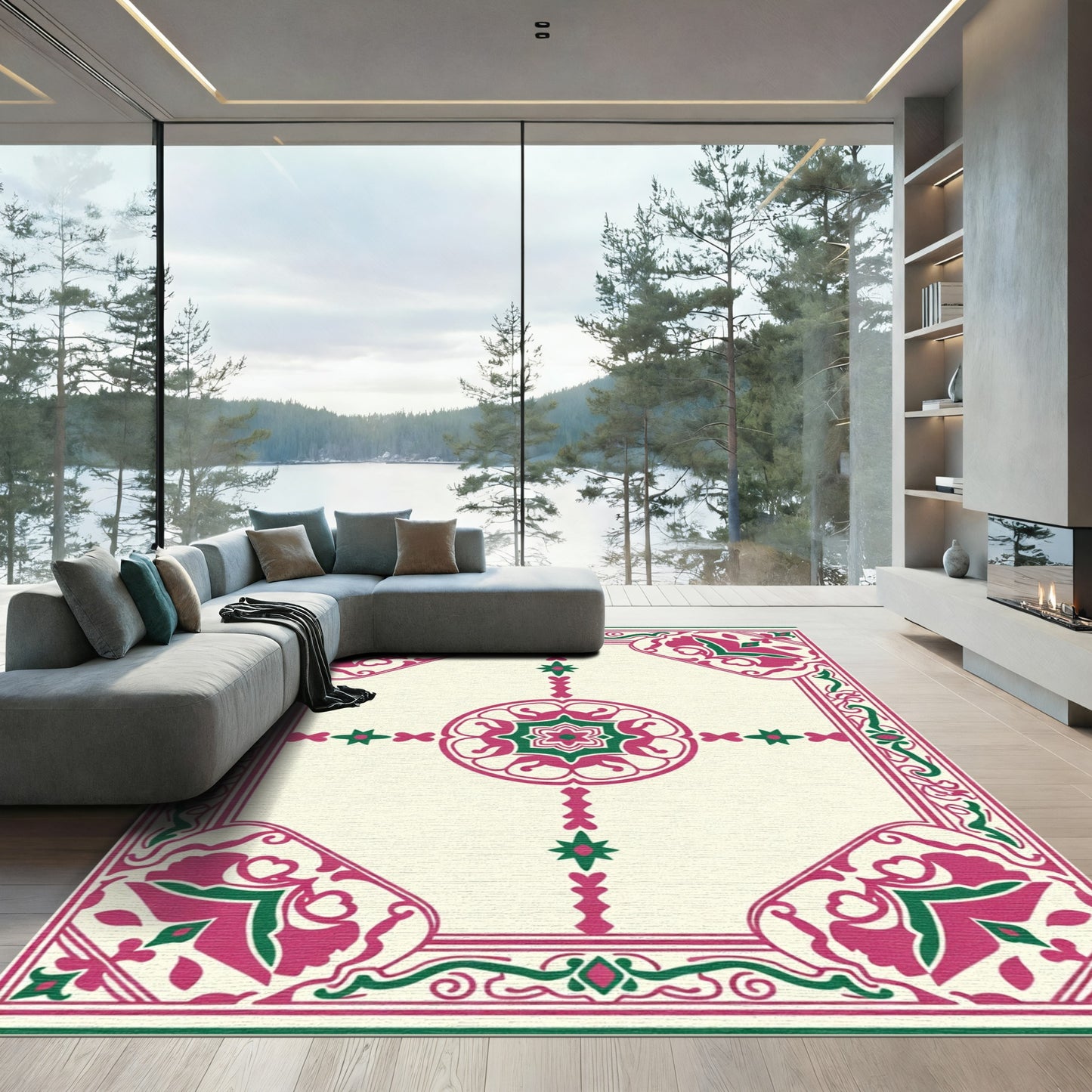 Crimson Emerald Framed Floral Medallion Rug