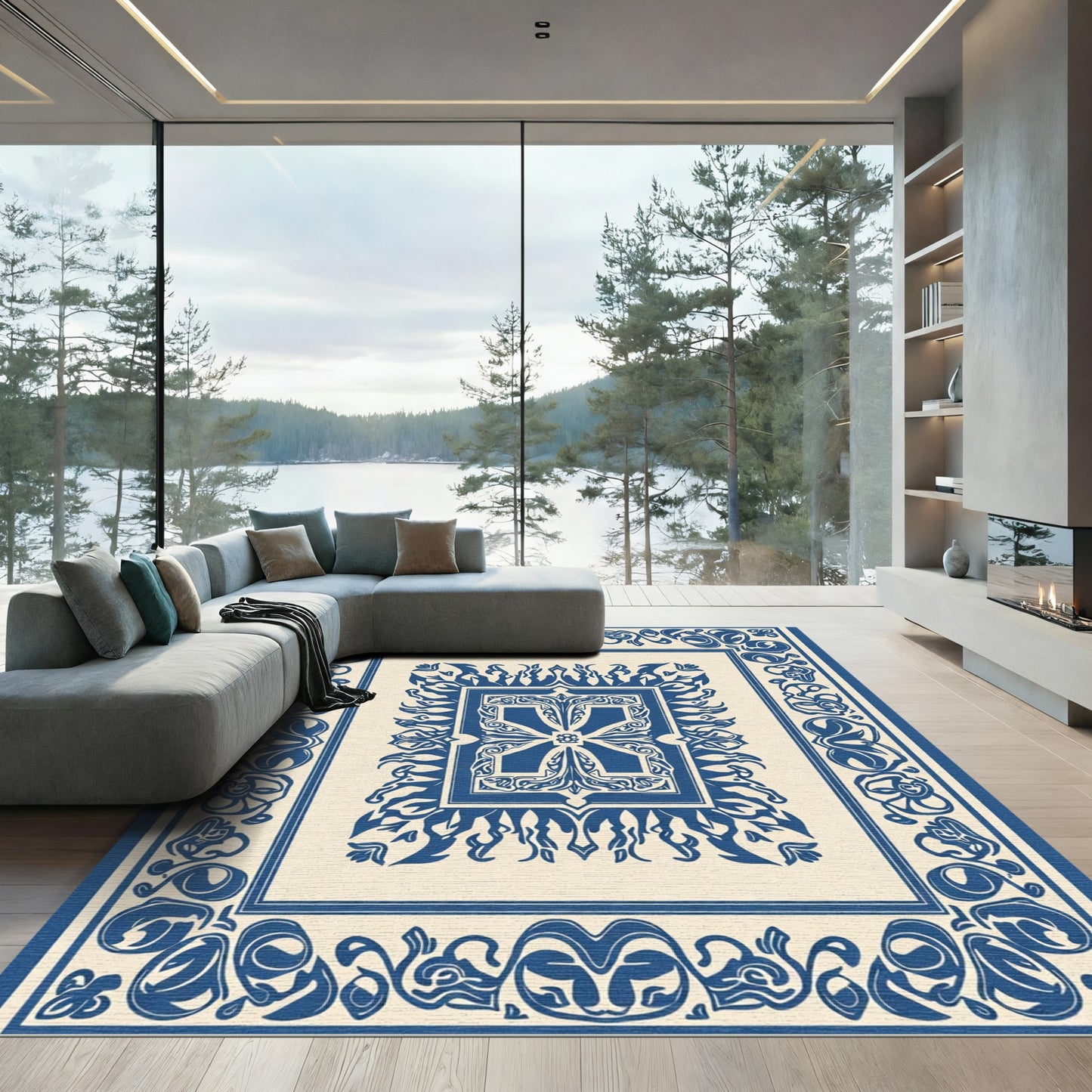 Classic Blue Floral Crest Medallion Rug