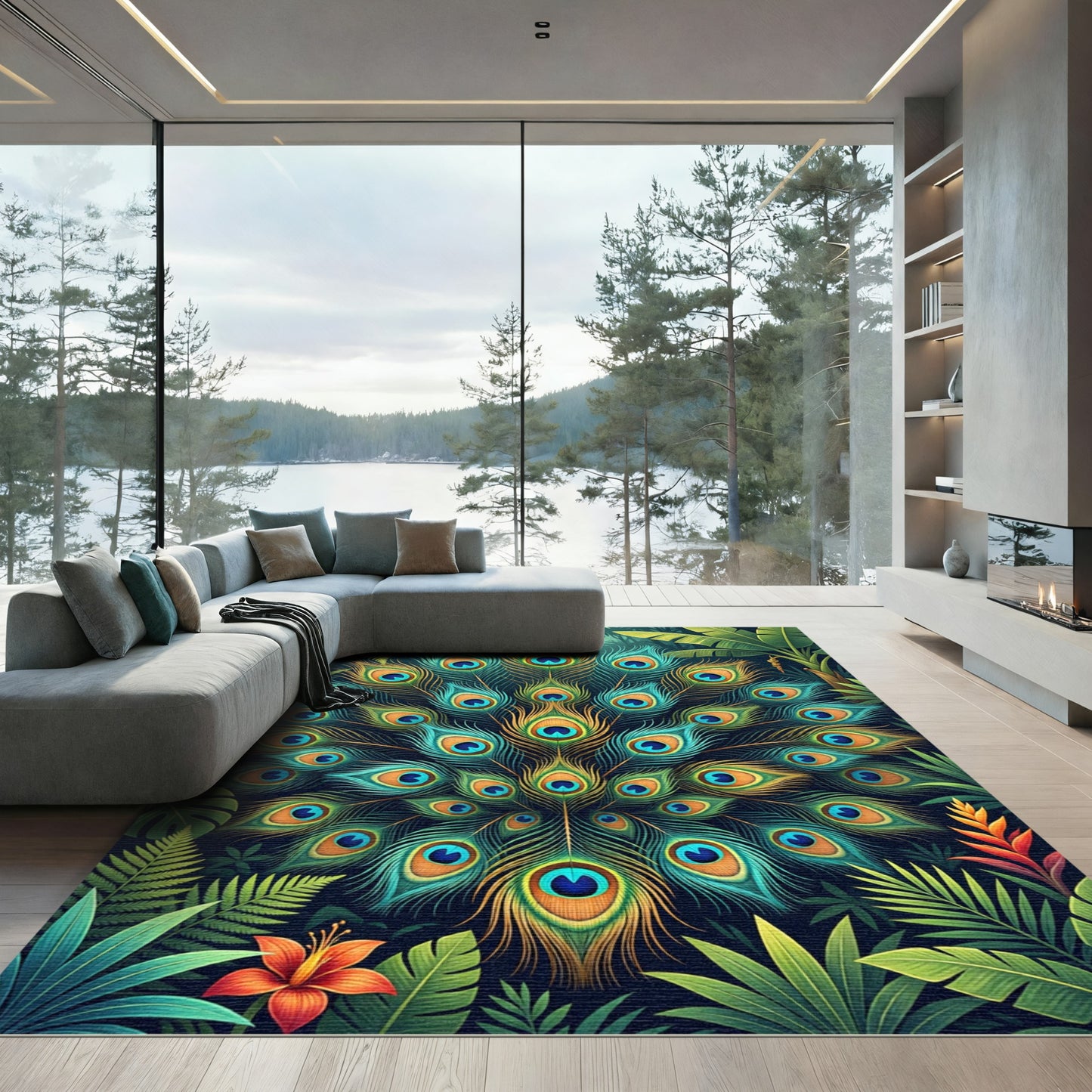 Vibrant Teal Peacock Feather Radiance Rug