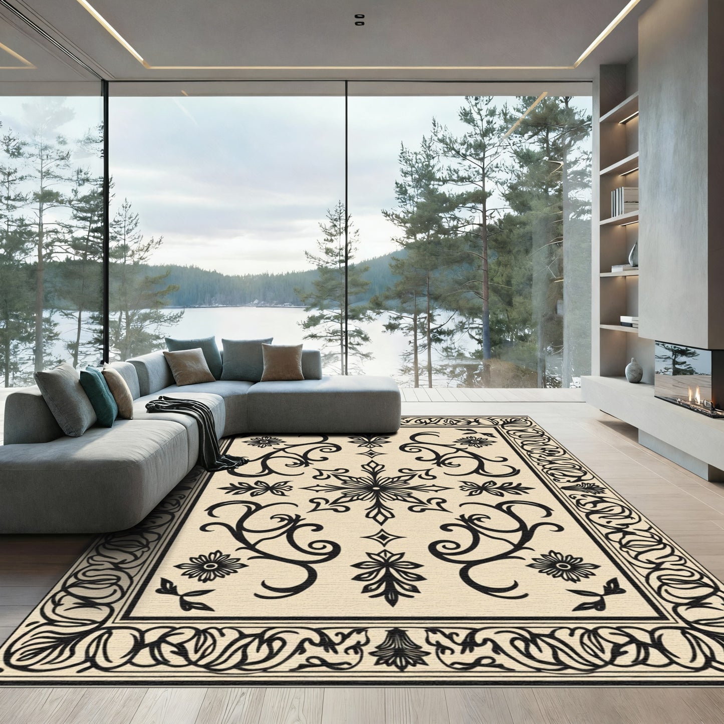 Ornate Cream Black Floral Scroll Rug
