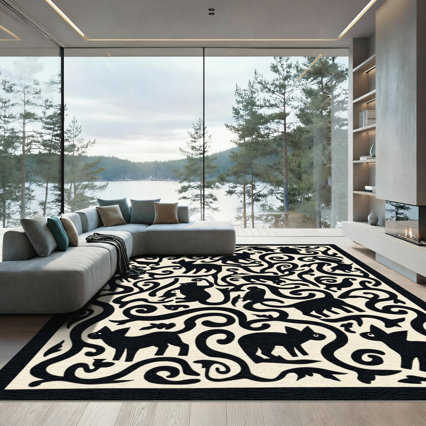 Whimsical Black Cats Woodland Scroll Rug