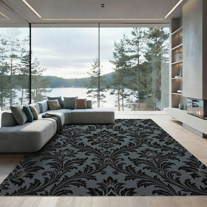 Elegant Black Damask Charcoal Scroll Rug