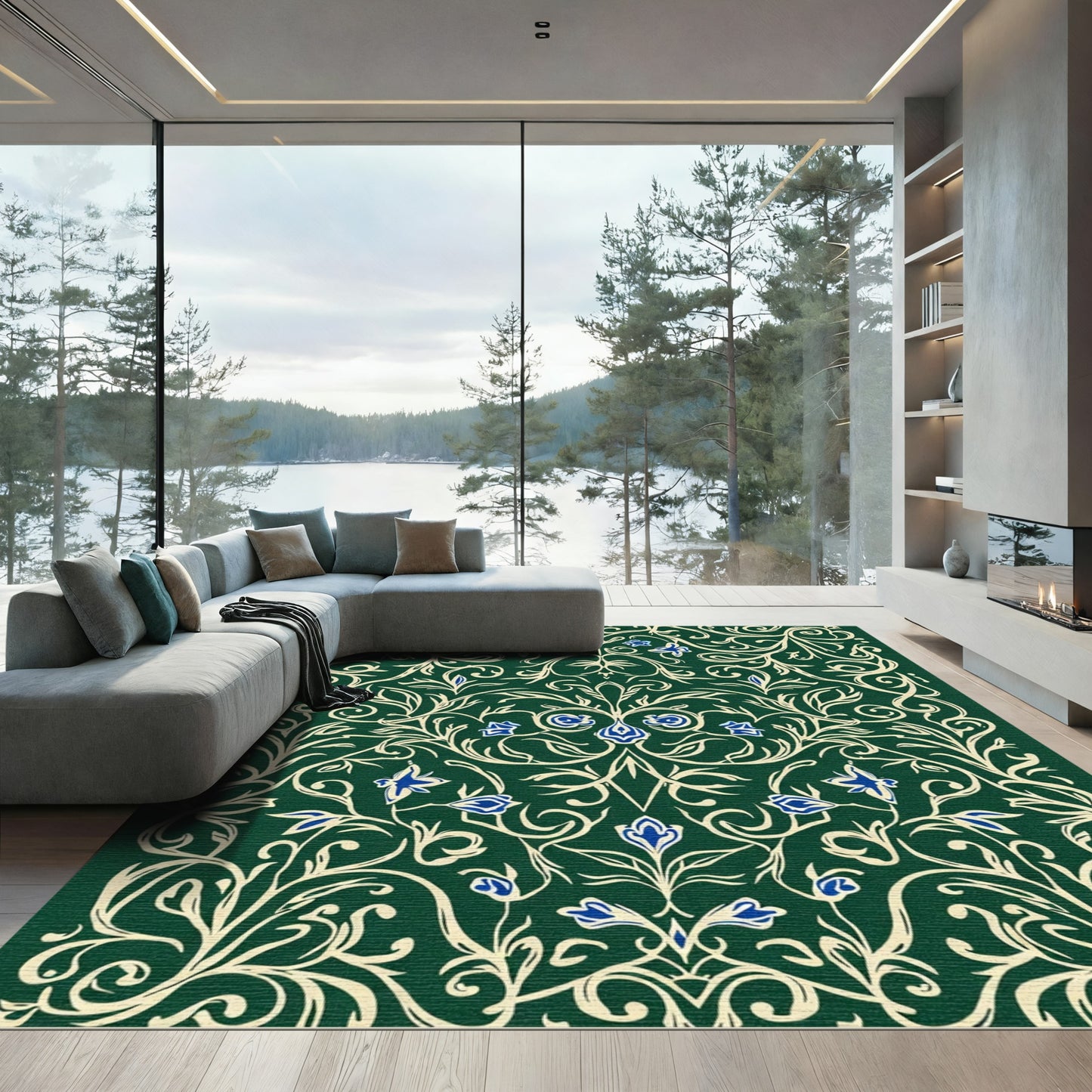 Ornate Forest Green Floral Scroll Rug