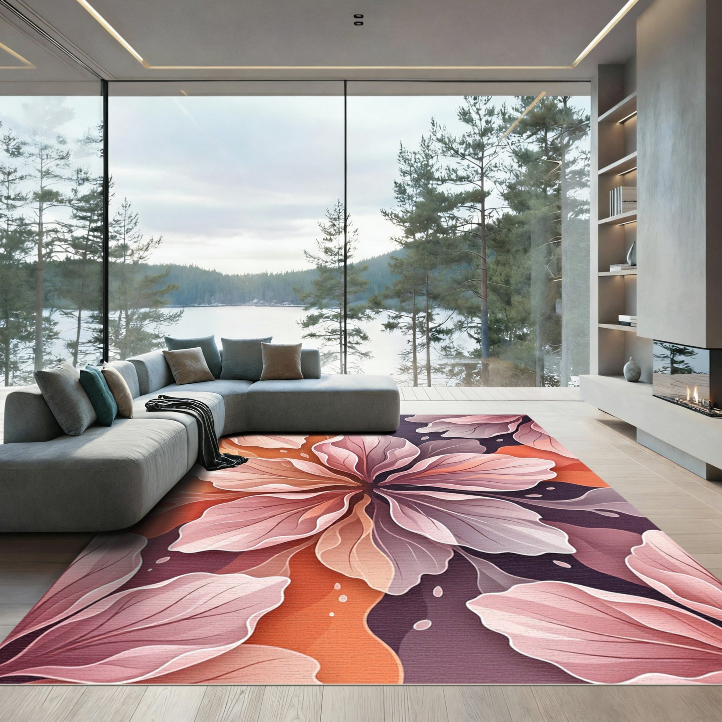 Blush Pink Abstract Layered Floral Art Rug