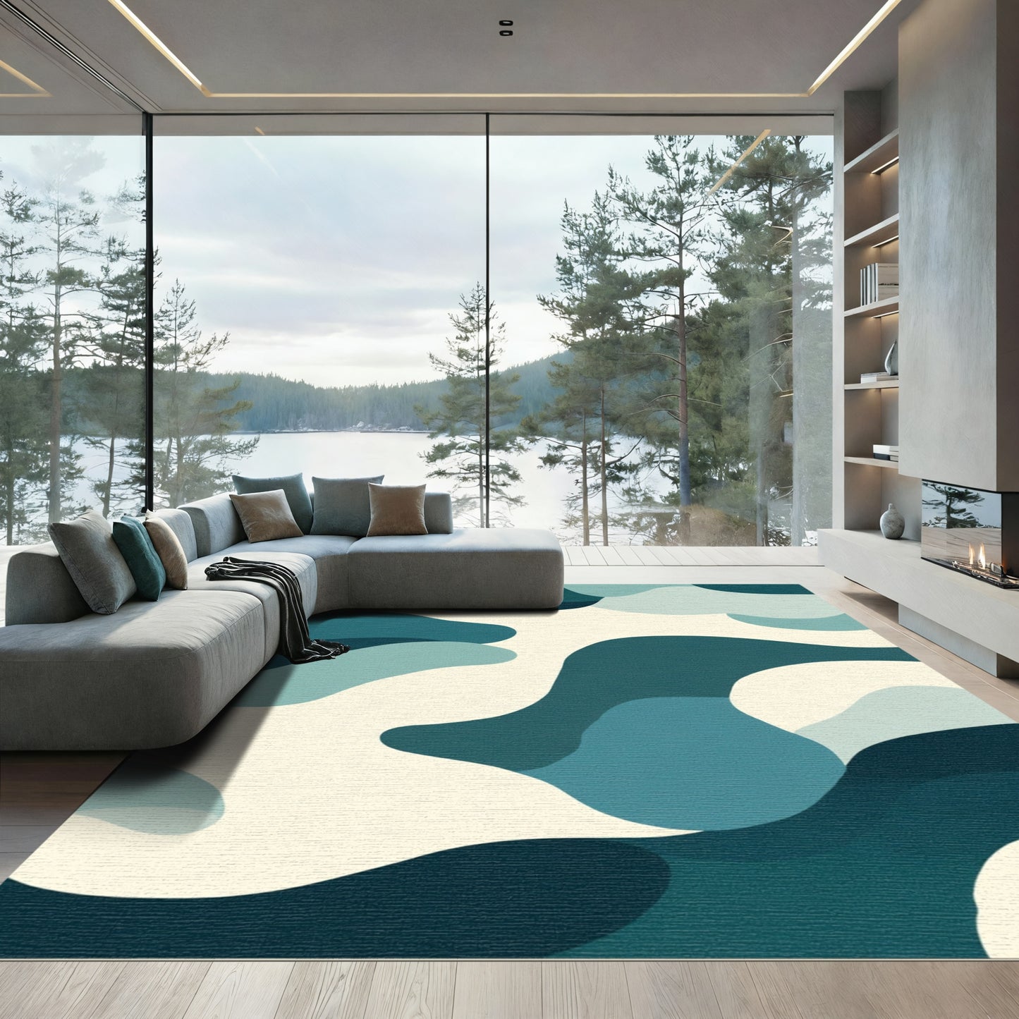 Abstract Teal Organic Flow Rug
