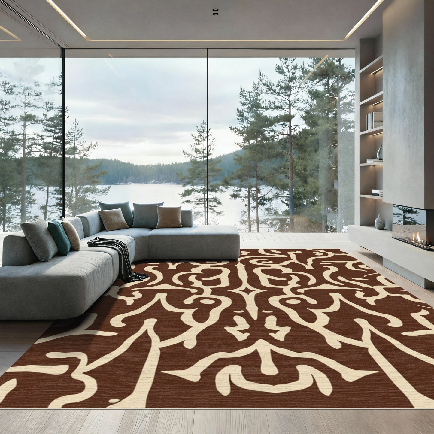 Brown and Cream Organic Scroll Rug