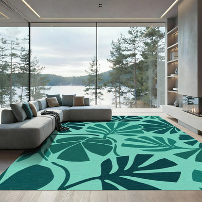 Teal Tropical Palm Leaf Repeat Rug