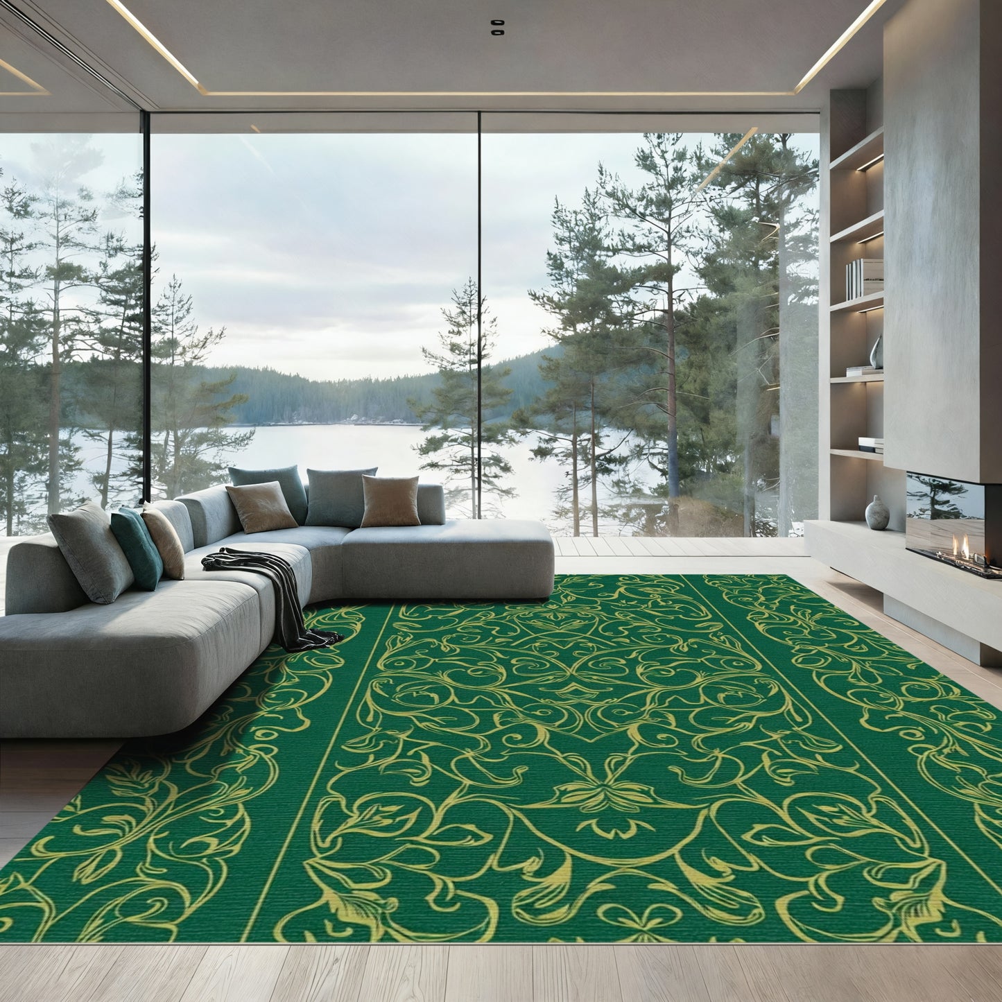 Emerald Green Gold Scrollwork Medallion Rug