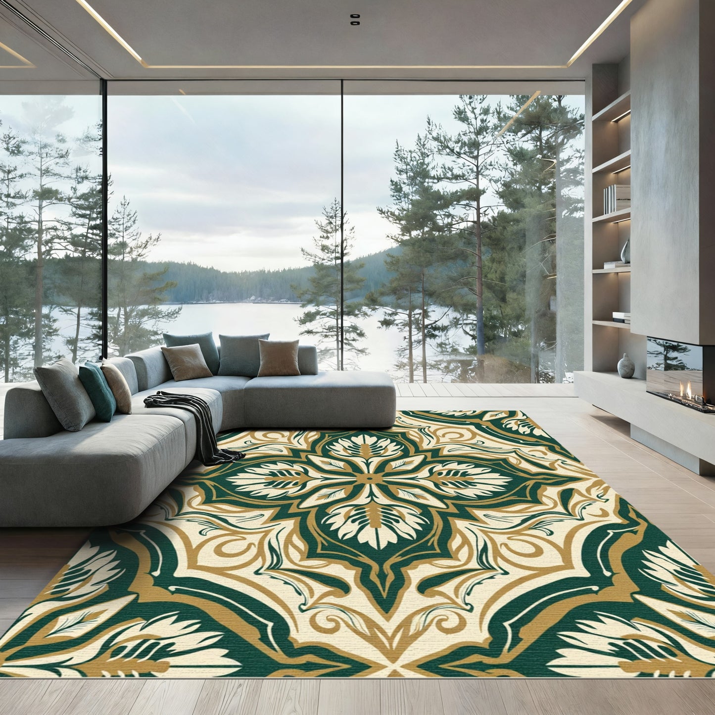 Dark Green Gold Cream Floral Mandala Rug