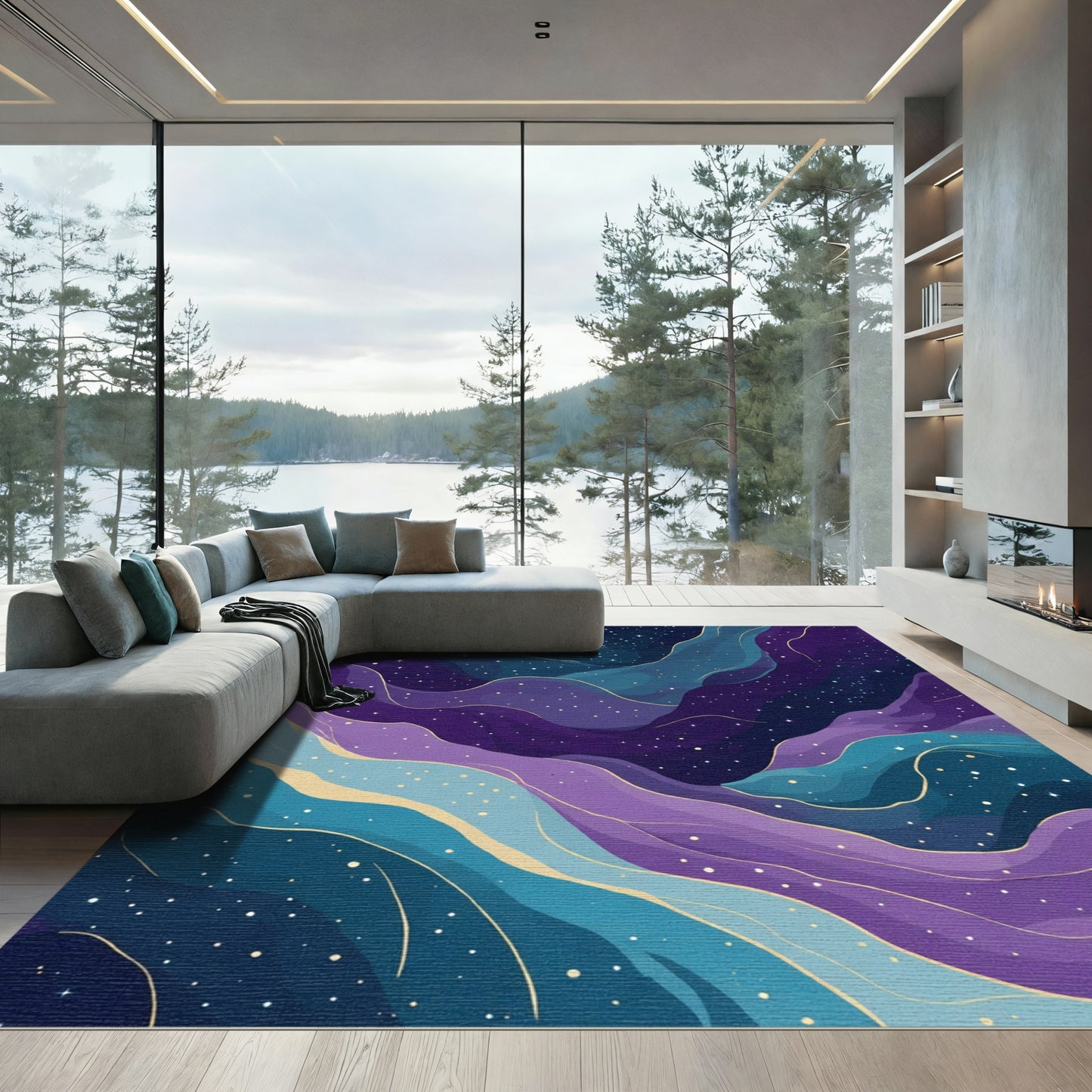 Cosmic Nebula Swirl with Golden Stars Rug