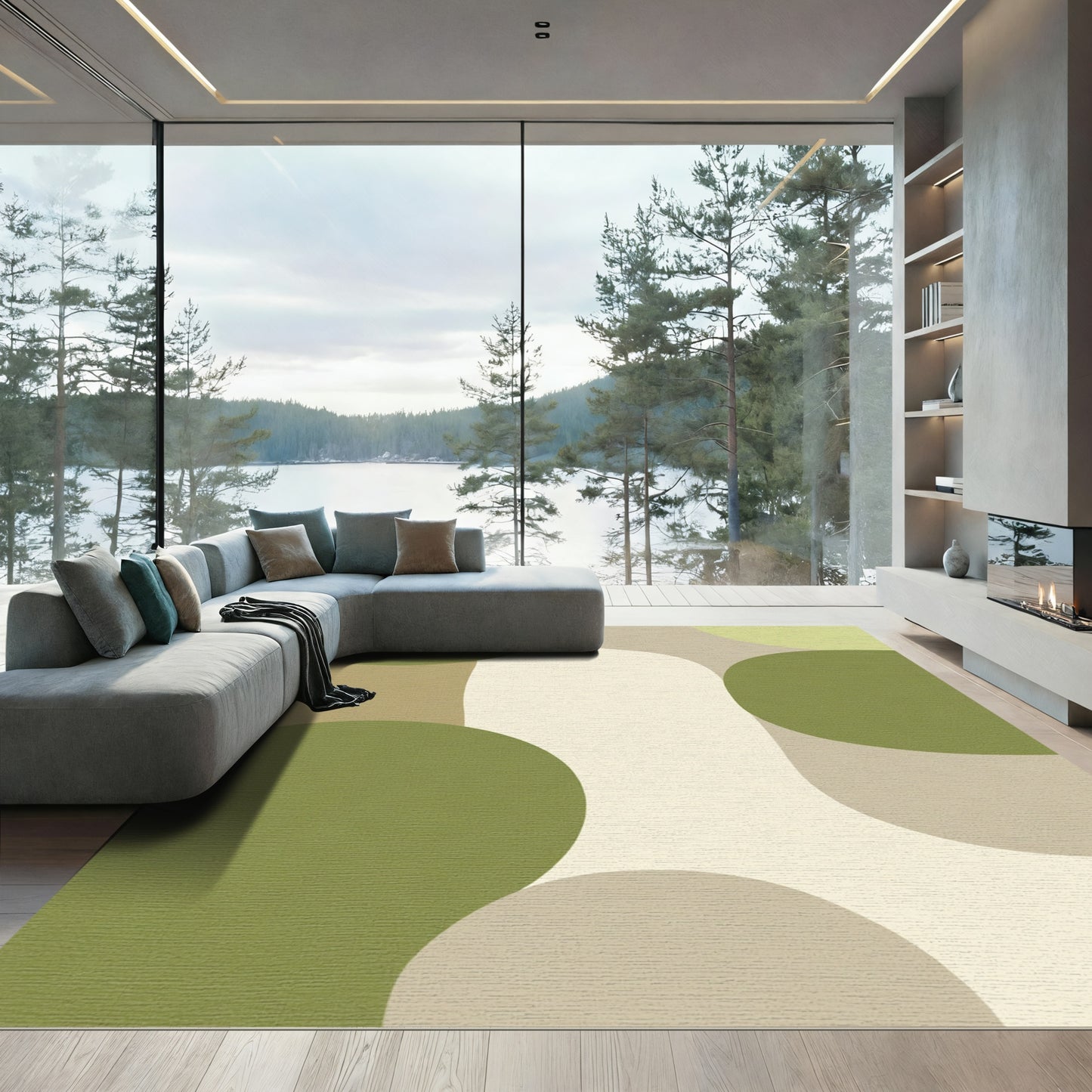 Organic Mid Century Green Cream Shapes Rug