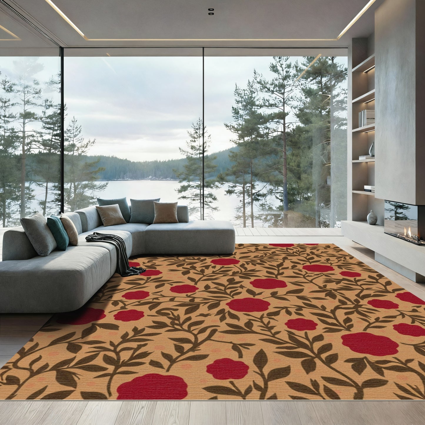 Crimson Floral Vine Arrangement Rug