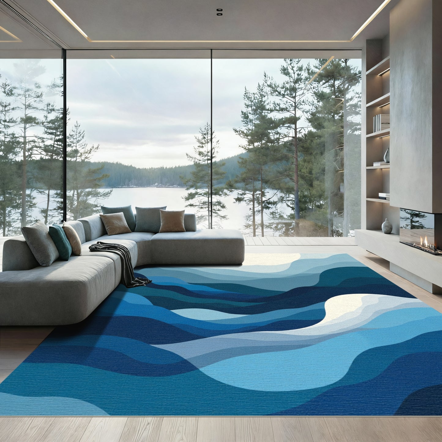Deep Blue Gradient Layered Waves Rug