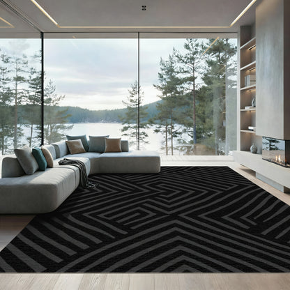 Dark Gray Abstract Geometric Maze Rug