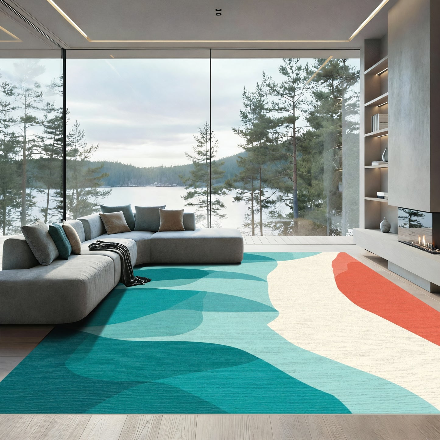 Teal Coral Abstract Flowing Waves Rug