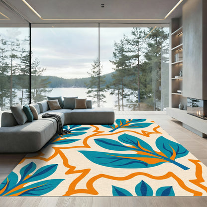 Teal Blue Orange Foliage Swirl Rug