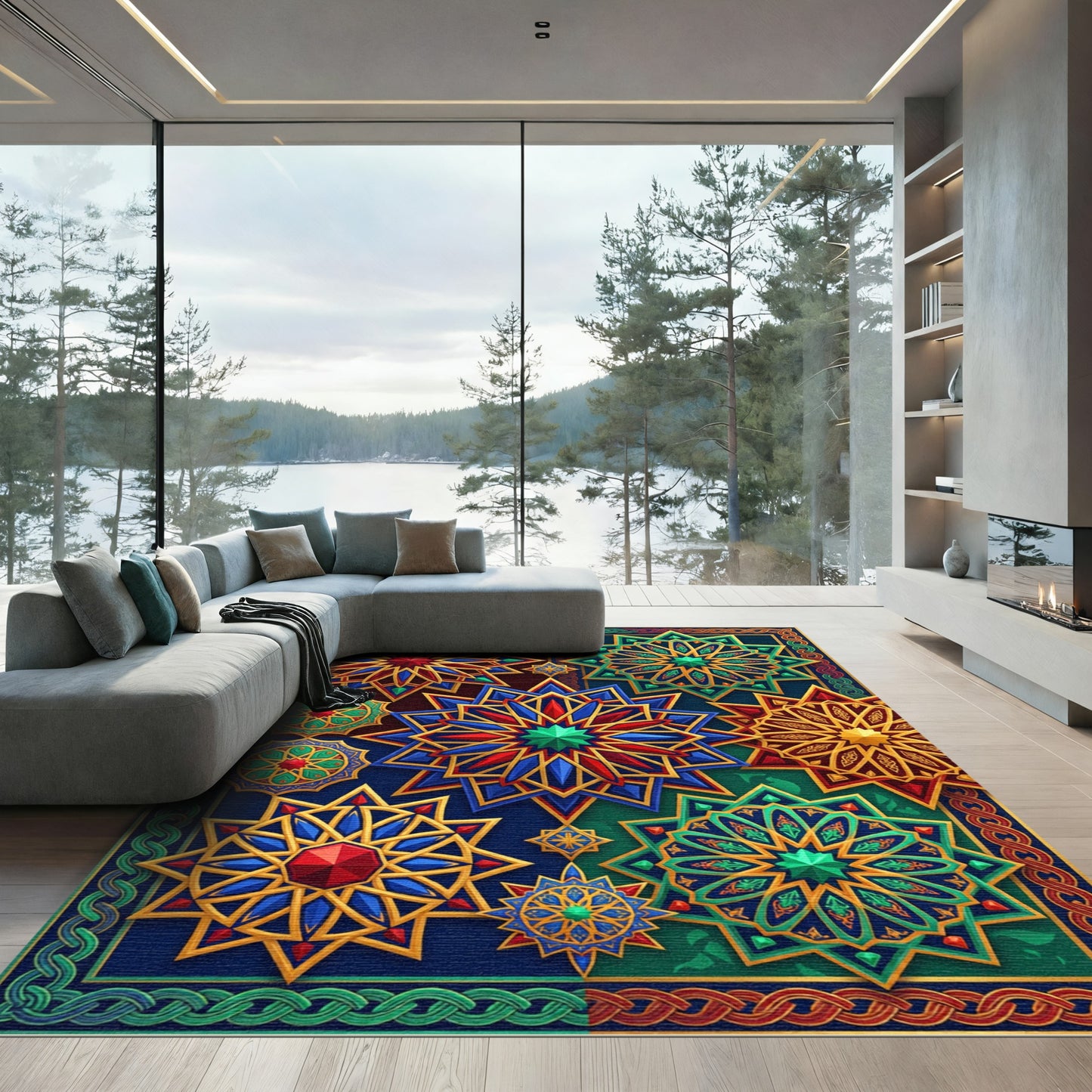 Vibrant Blue Red Gold Starbursts Rug