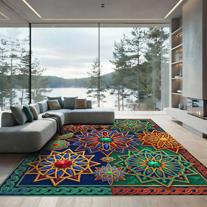 Vibrant Blue Red Gold Starbursts Rug