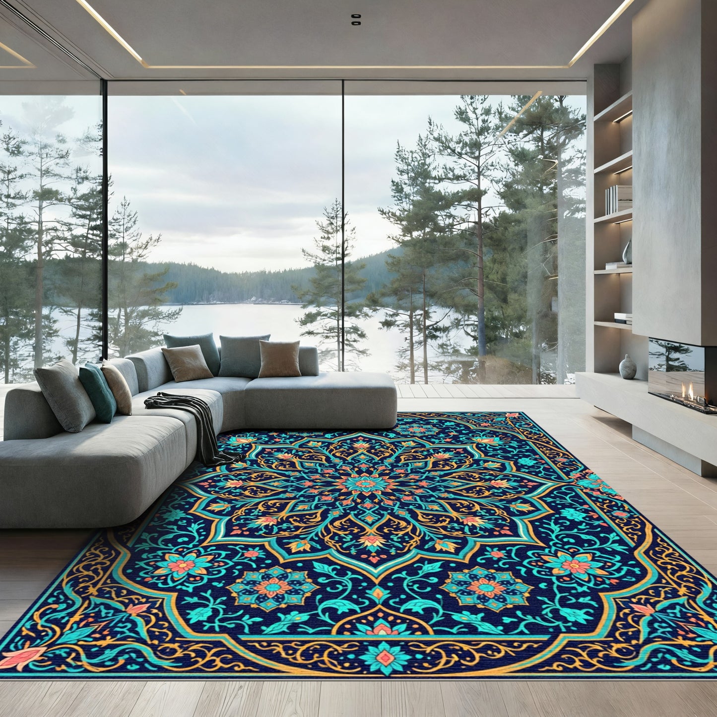 Intricate Teal and Gold Floral Mandala Rug