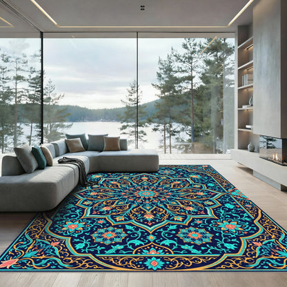 Intricate Teal and Gold Floral Mandala Rug