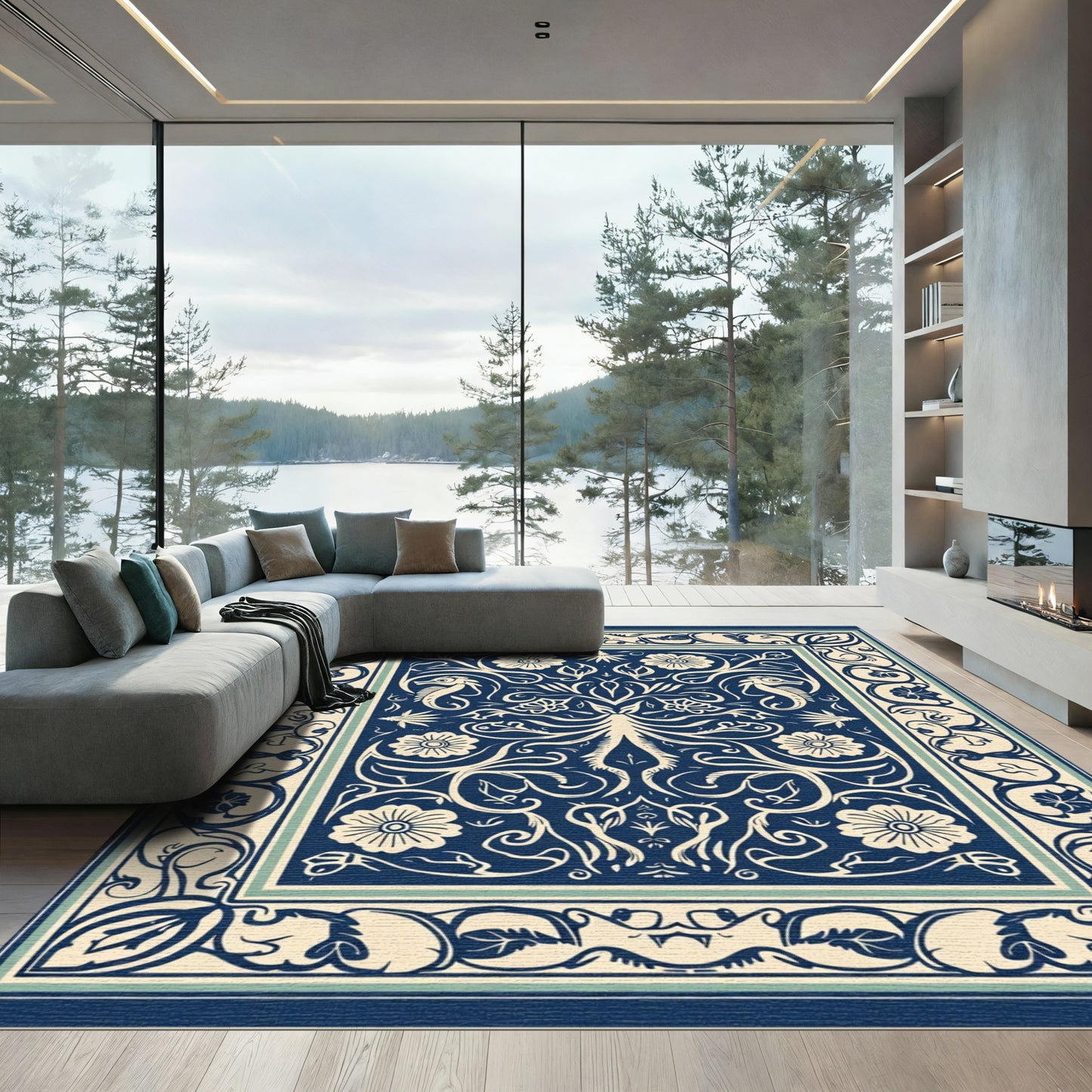 Navy Cream Floral Seahorse Garden Rug