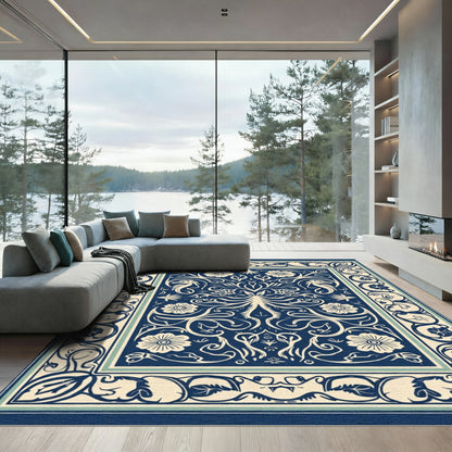 Navy Cream Floral Seahorse Garden Rug
