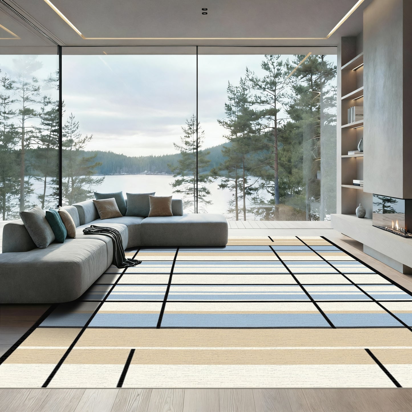 Blue Beige Stripe Grid Overlay Rug