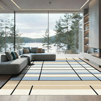 Blue Beige Stripe Grid Overlay Rug