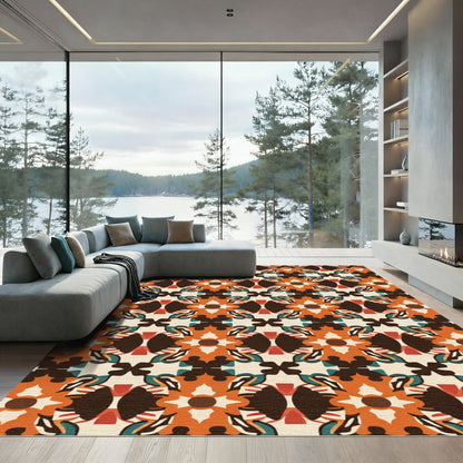 Orange Dark Brown Geometric Floral Medallion Rug
