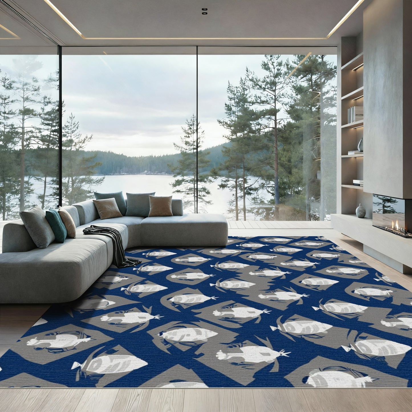 Deep Blue Whimsical Fish Diamond Arrangement Rug