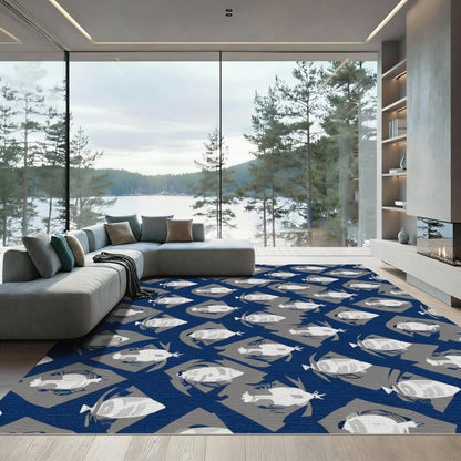 Deep Blue Whimsical Fish Diamond Arrangement Rug
