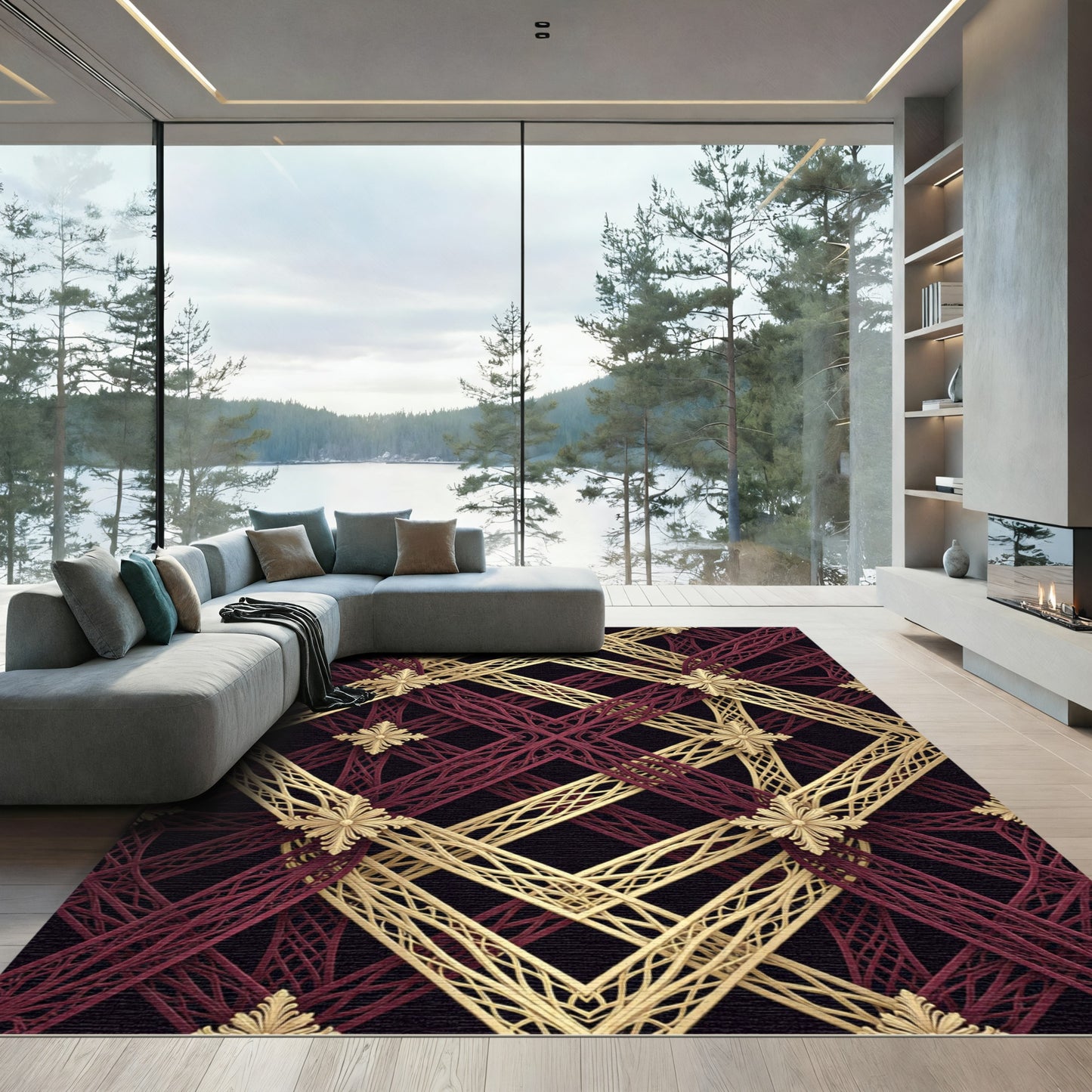 Ornate Crimson Gold Interlocking Lattice Rug
